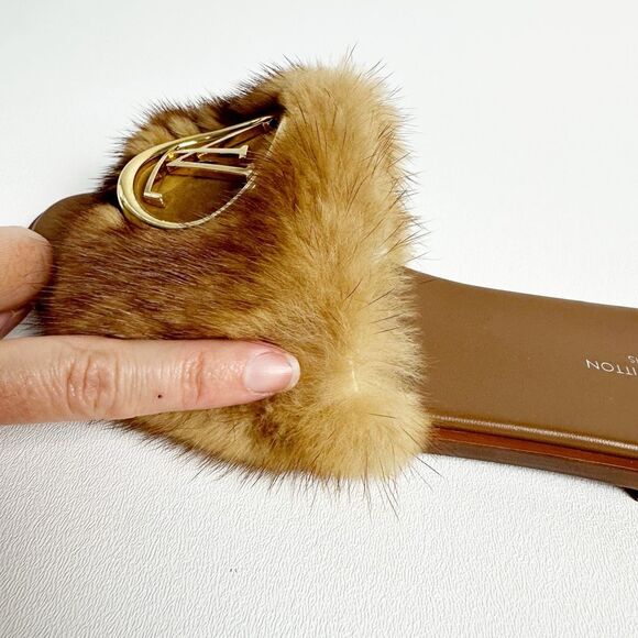 LOUIS VUITTON Lock It Mink Fur Brown Slide Sandal 37 US 7 Mules Logo Flat Mule - Picture 10 of 14
